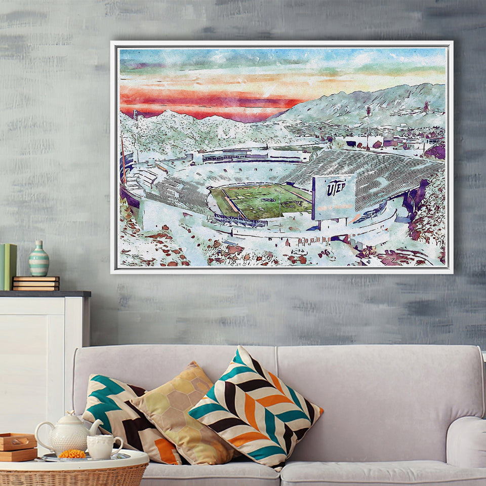 Sun Bowl Stadium WaterColor Framed Canvas Prints, El Paso Texas Watercolor, Stadium Art Gifts, Floating Frame
