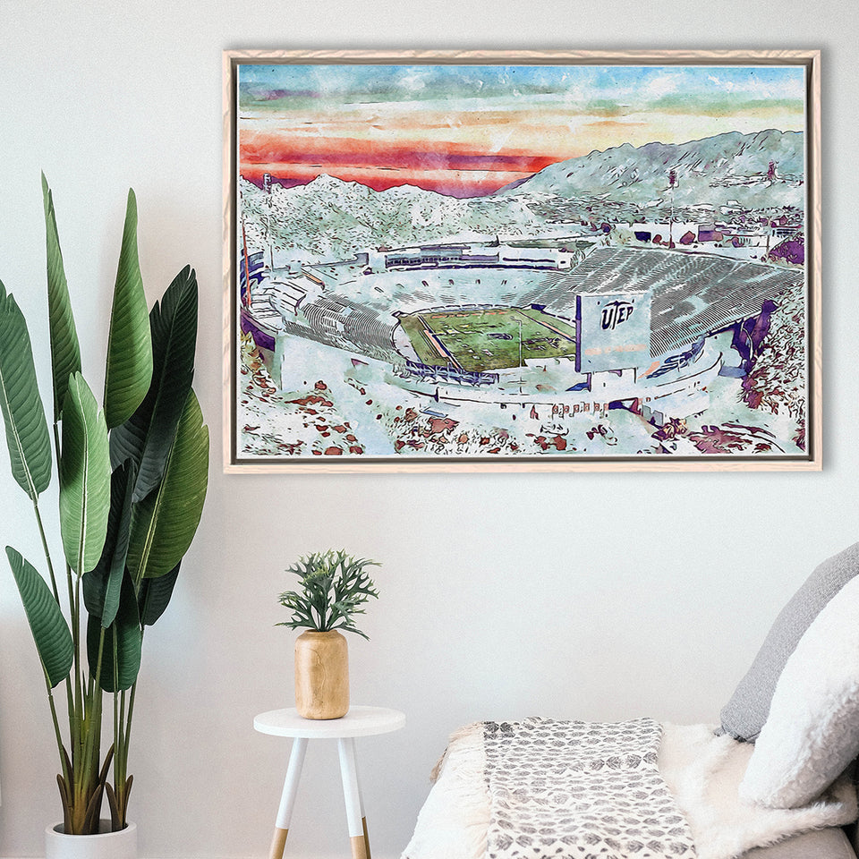 Sun Bowl Stadium WaterColor Framed Canvas Prints, El Paso Texas Watercolor, Stadium Art Gifts, Floating Frame