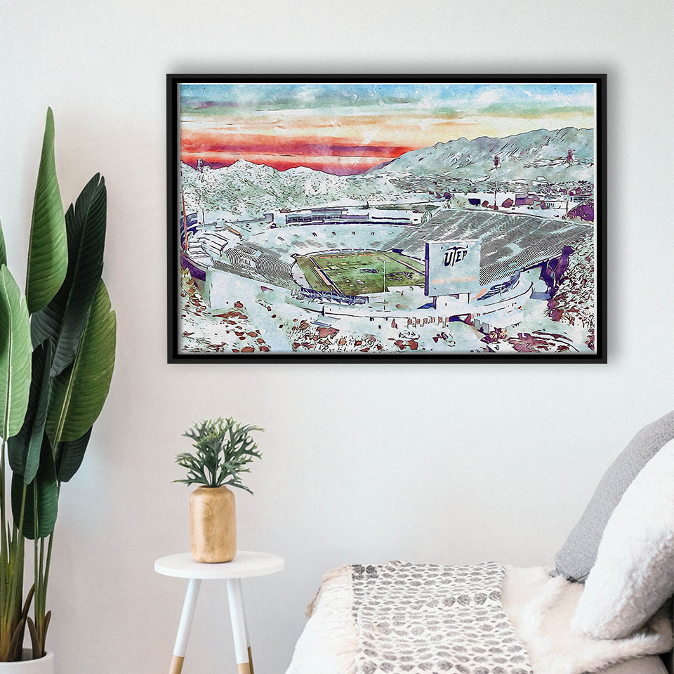 Sun Bowl Stadium WaterColor Framed Canvas Prints, El Paso Texas Watercolor, Stadium Art Gifts, Floating Frame