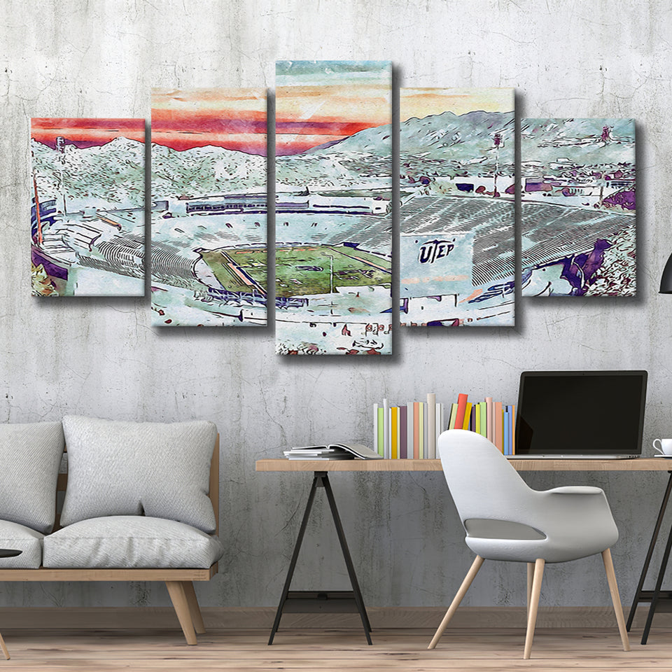 Sun Bowl Stadium WaterColor 5 Panels Mix Canvas Prints, El Paso Texas Watercolor, Large Stadium Canvas