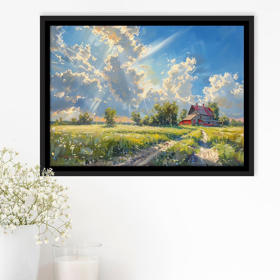 Sunrise Pastel Clouds Over The Backyard Oil Painting, Floating Frame, Framed Canvas Print Wall Art Home Decor