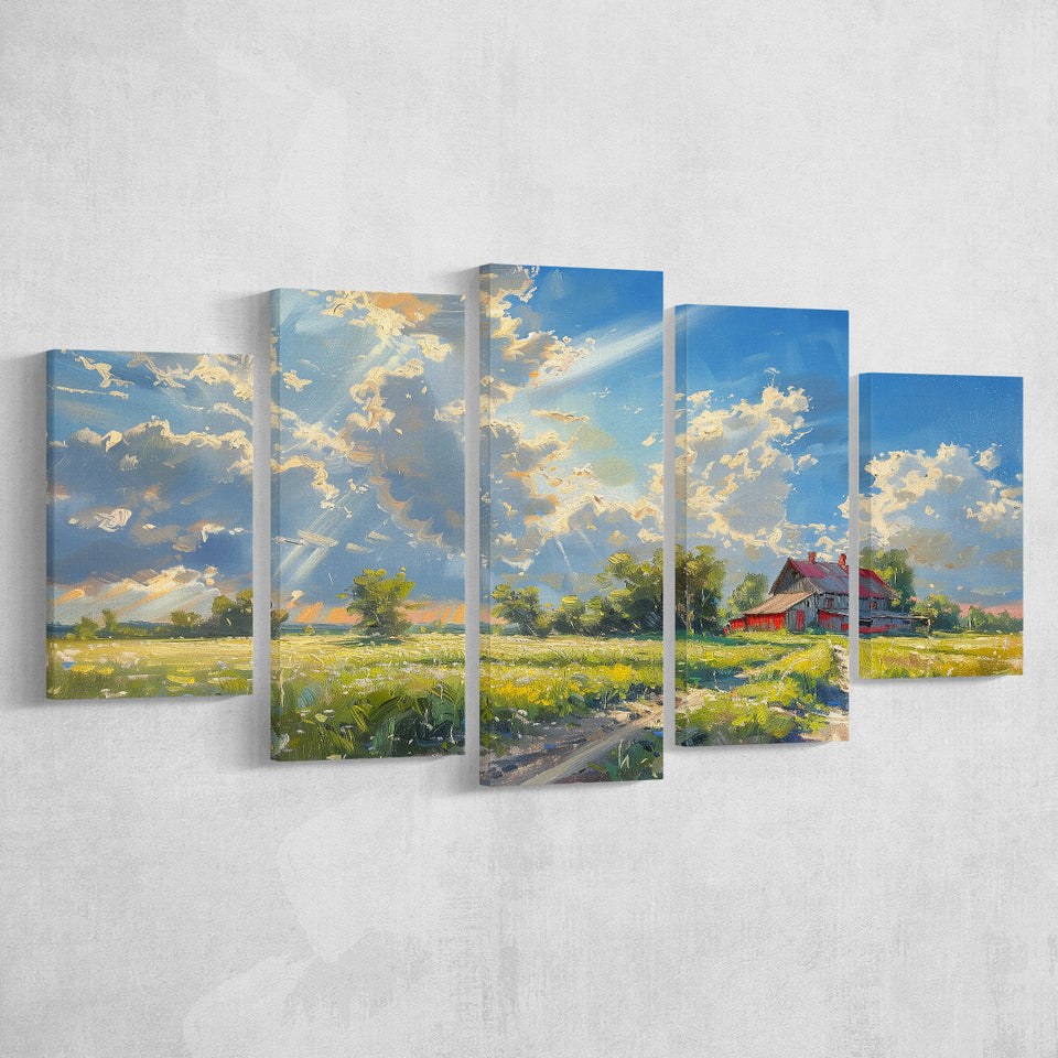 Sunrise Pastel Clouds Over The Backyard Oil Painting, Multi Panel,Mixed Canvas Print Wall Art Decor
