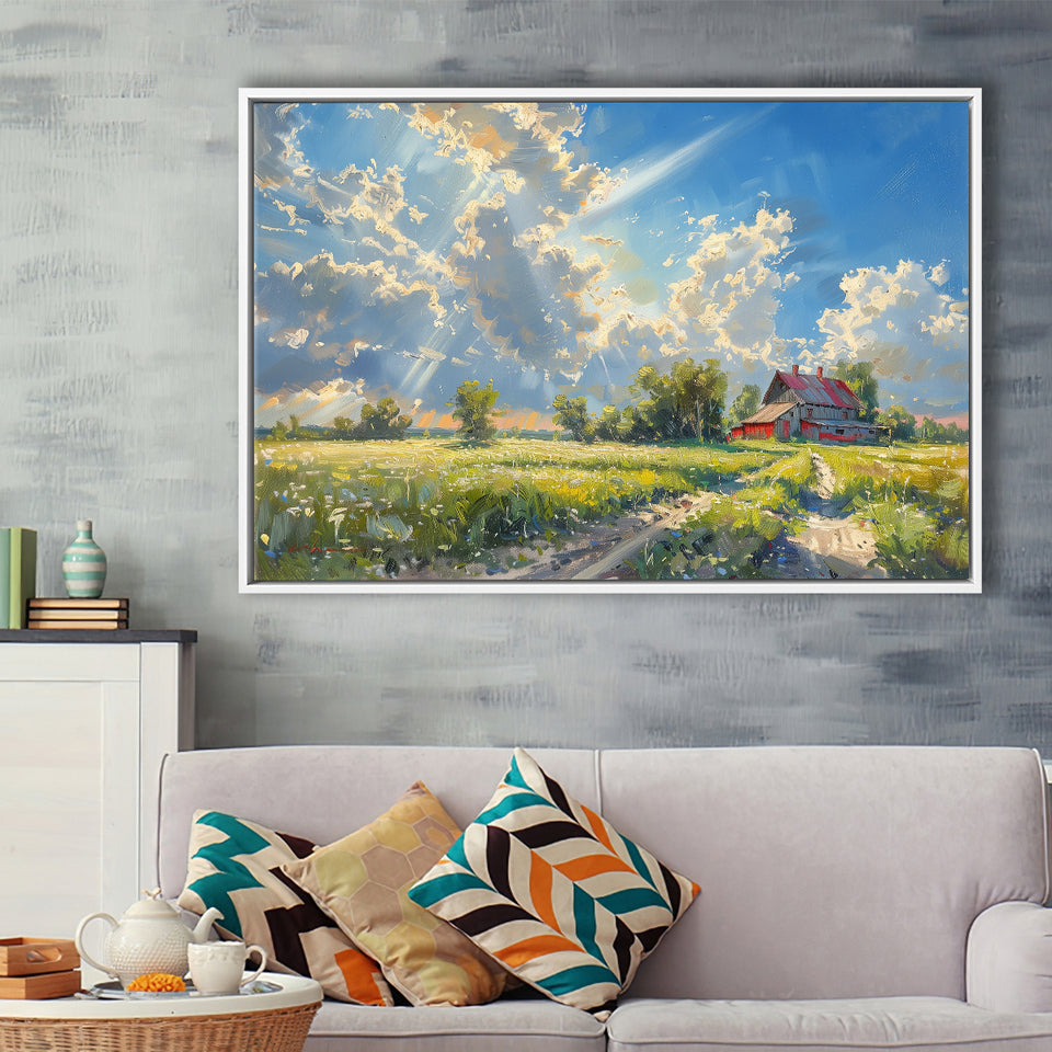 Sunrise Pastel Clouds Over The Backyard Oil Painting, Floating Frame, Framed Canvas Print Wall Art Home Decor