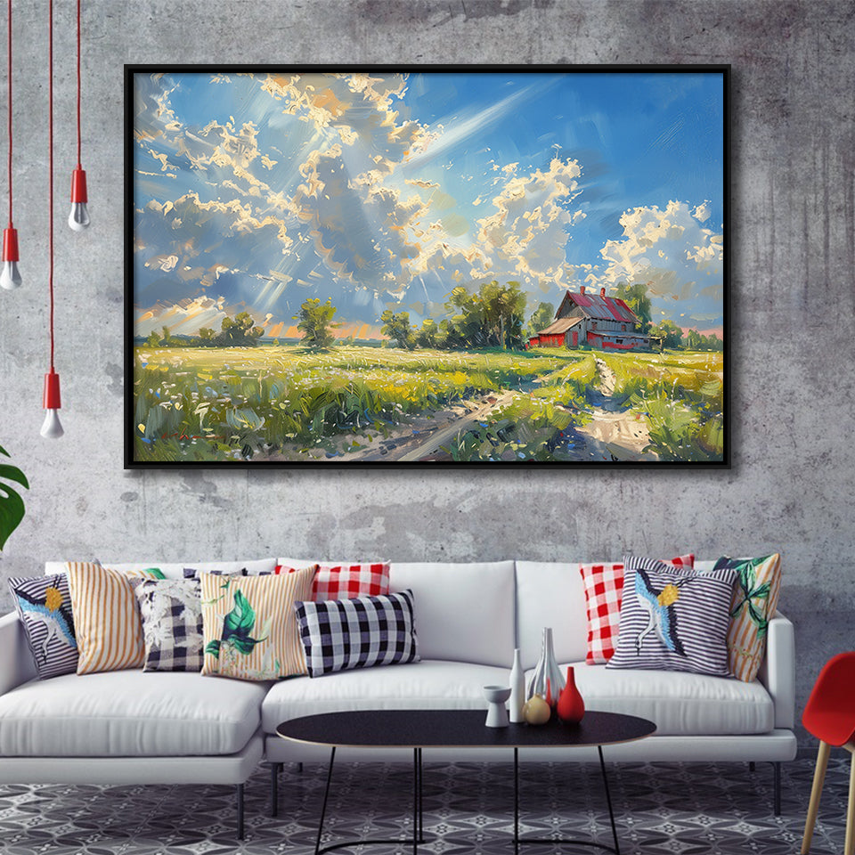 Sunrise Pastel Clouds Over The Backyard Oil Painting, Floating Frame, Framed Canvas Print Wall Art Home Decor