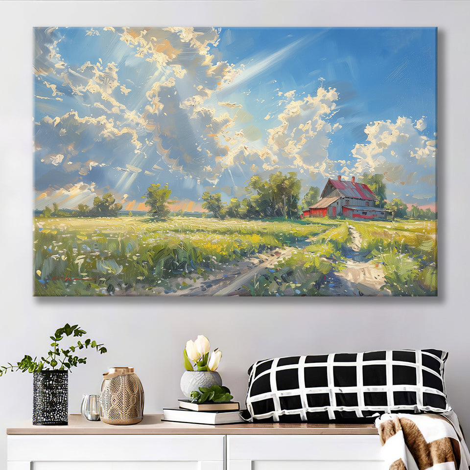 Sunrise Pastel Clouds Over The Backyard Oil Painting, Art Print, Canvas Print Wall Art Home Decor