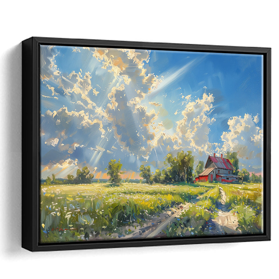 Sunrise Pastel Clouds Over The Backyard Oil Painting, Floating Frame, Framed Canvas Print Wall Art Home Decor