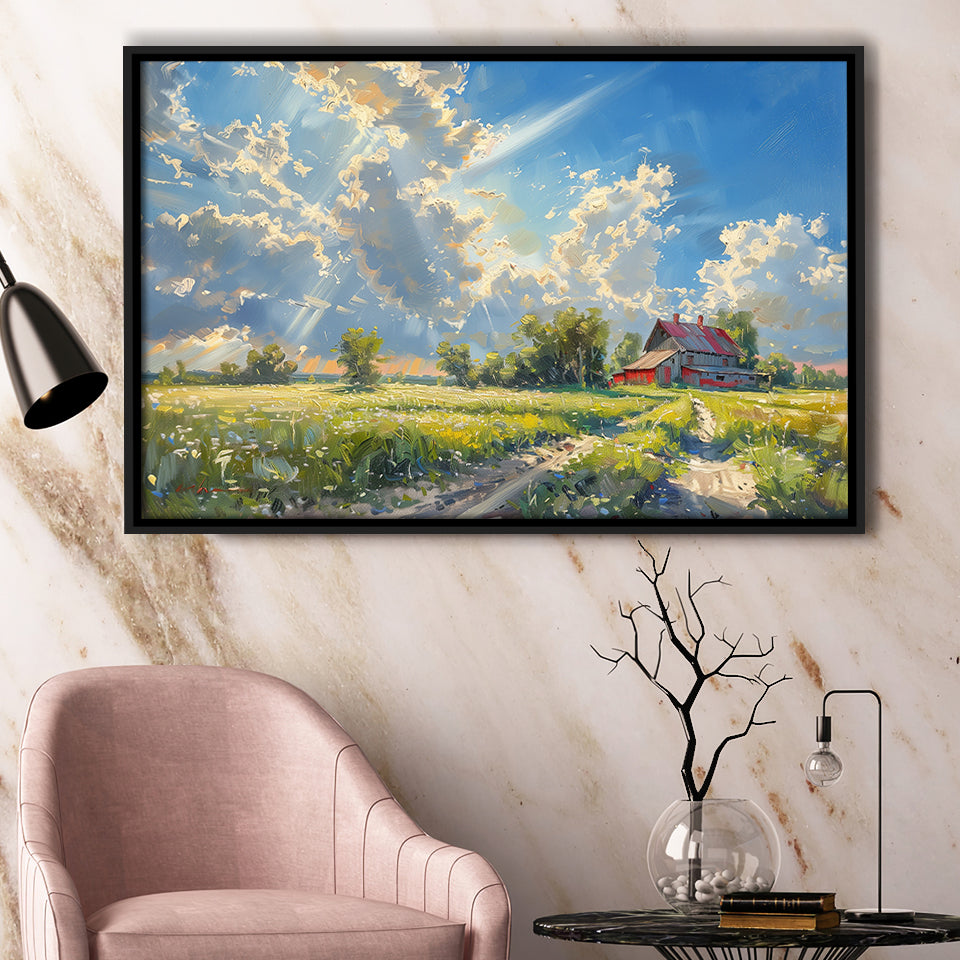 Sunrise Pastel Clouds Over The Backyard Oil Painting, Floating Frame, Framed Canvas Print Wall Art Home Decor