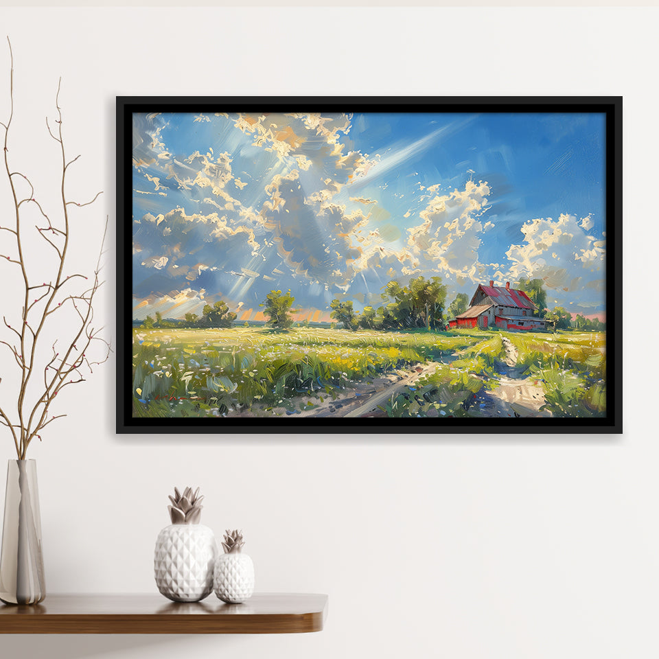 Sunrise Pastel Clouds Over The Backyard Oil Painting, Floating Frame, Framed Canvas Print Wall Art Home Decor