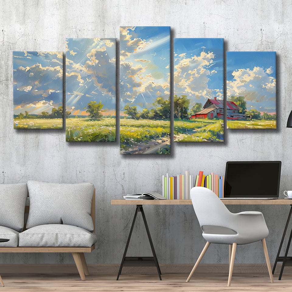 Sunrise Pastel Clouds Over The Backyard Oil Painting, Multi Panel,Mixed Canvas Print Wall Art Decor