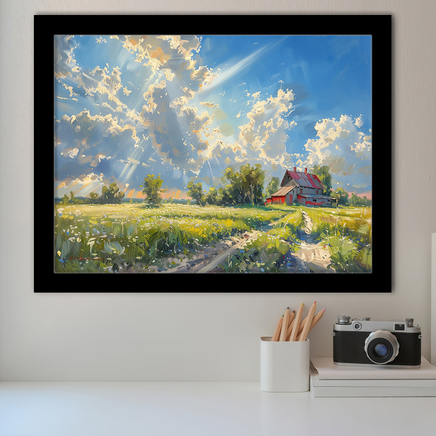 Sunrise Pastel Clouds Over The Backyard Oil Painting, Painting Art, Framed Art Print Wall Art Home Decor