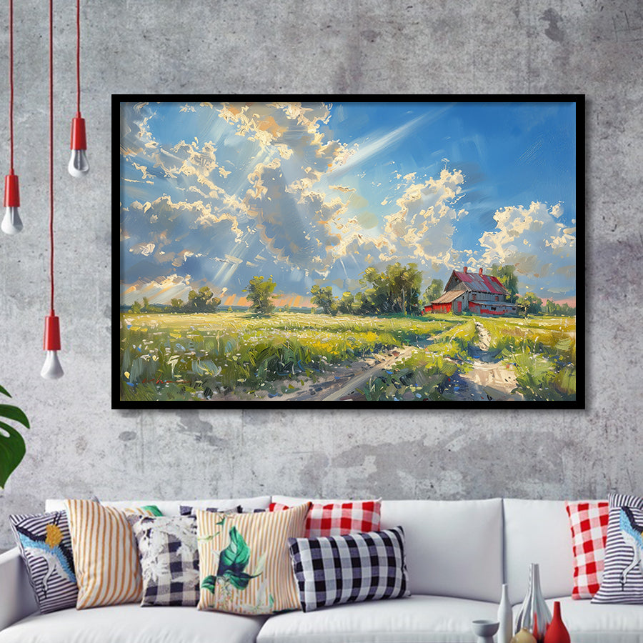 Sunrise Pastel Clouds Over The Backyard Oil Painting, Painting Art, Framed Art Print Wall Art Home Decor
