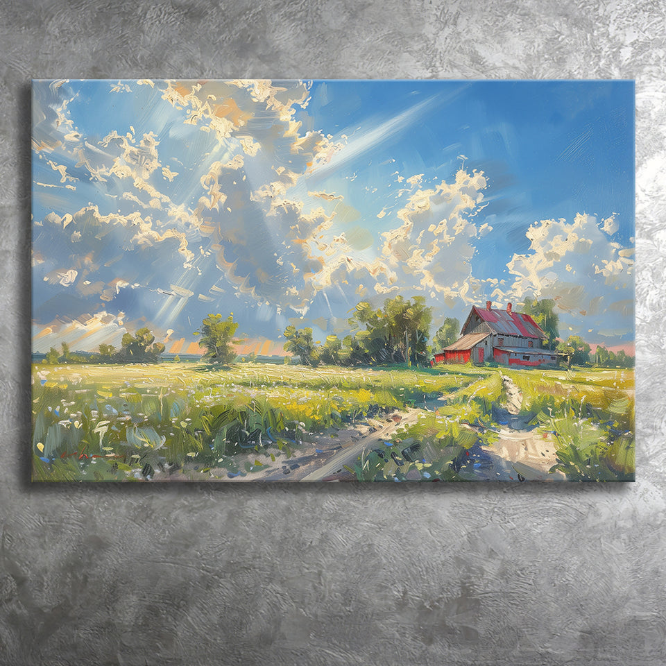 Sunrise Pastel Clouds Over The Backyard Oil Painting, Art Print, Canvas Print Wall Art Home Decor