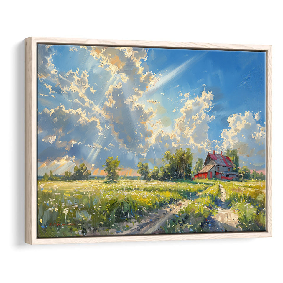 Sunrise Pastel Clouds Over The Backyard Oil Painting, Floating Frame, Framed Canvas Print Wall Art Home Decor
