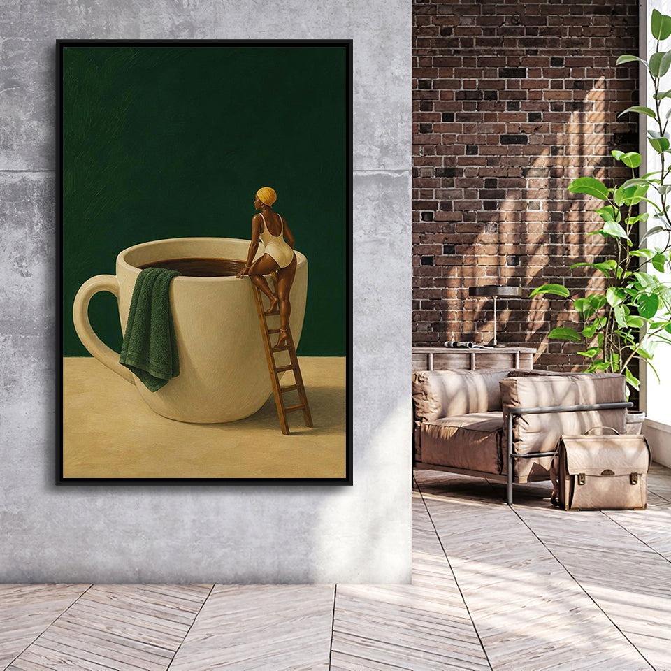 Surreal Coffee Cup Diver Wall Art Print, Bar Room Wall Art Decor, Framed Canvas Print, Floating Frame