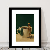 Surreal Coffee Cup Diver Wall Art Print, Bar Room Wall Art Decor, Framed Art Print White Border