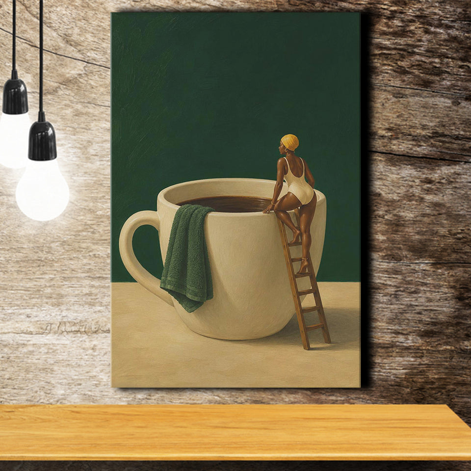 Surreal Coffee Cup Diver Wall Art Print, Bar Room Wall Art Decor, Canvas Print Wall Art, Wall Decor