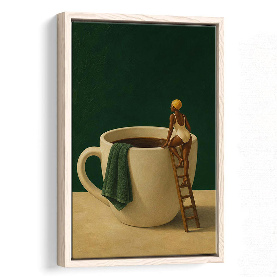 Surreal Coffee Cup Diver Wall Art Print, Bar Room Wall Art Decor, Framed Canvas Print, Floating Frame