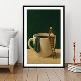 Surreal Coffee Cup Diver Wall Art Print, Bar Room Wall Art Decor, Framed Art Print White Border