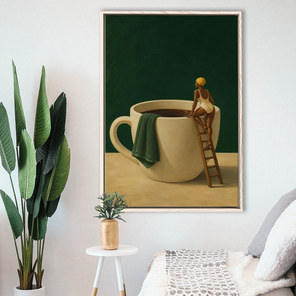 Surreal Coffee Cup Diver Wall Art Print, Bar Room Wall Art Decor, Framed Canvas Print, Floating Frame