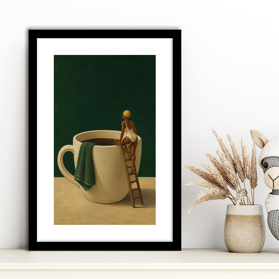 Surreal Coffee Cup Diver Wall Art Print, Bar Room Wall Art Decor, Framed Art Print White Border