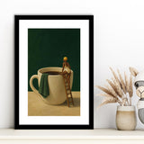 Surreal Coffee Cup Diver Wall Art Print, Bar Room Wall Art Decor, Framed Art Print White Border