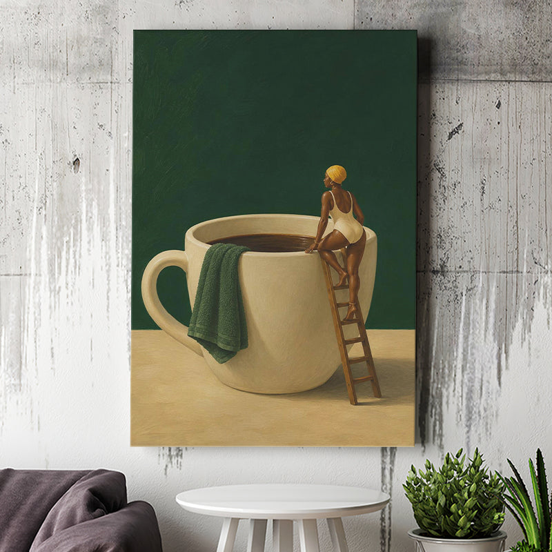 Surreal Coffee Cup Diver Wall Art Print, Bar Room Wall Art Decor, Canvas Print Wall Art, Wall Decor