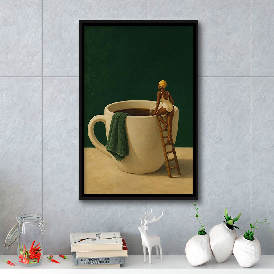 Surreal Coffee Cup Diver Wall Art Print, Bar Room Wall Art Decor, Framed Canvas Print, Floating Frame