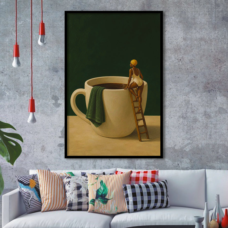 Surreal Coffee Cup Diver Wall Art Print, Bar Room Wall Art Decor, Framed Art Print, Fine Art Wall Decor