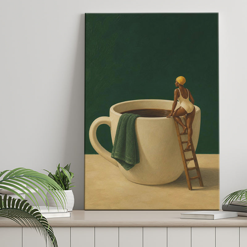 Surreal Coffee Cup Diver Wall Art Print, Bar Room Wall Art Decor, Canvas Print Wall Art, Wall Decor