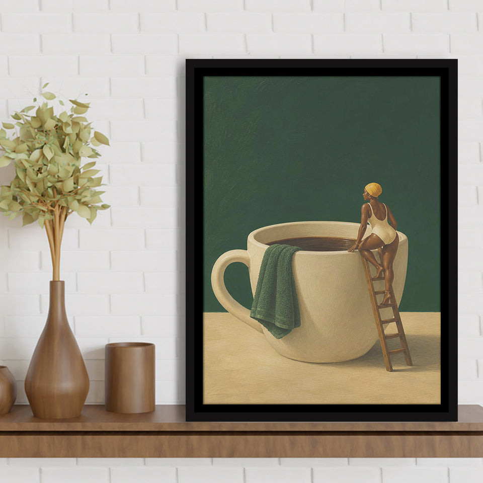 Surreal Coffee Cup Diver Wall Art Print, Bar Room Wall Art Decor, Framed Canvas Print, Floating Frame
