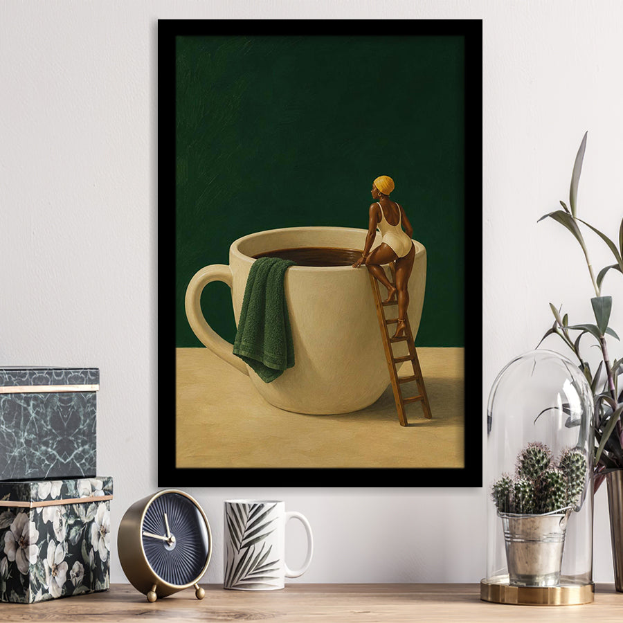 Surreal Coffee Cup Diver Wall Art Print, Bar Room Wall Art Decor, Framed Art Print, Fine Art Wall Decor