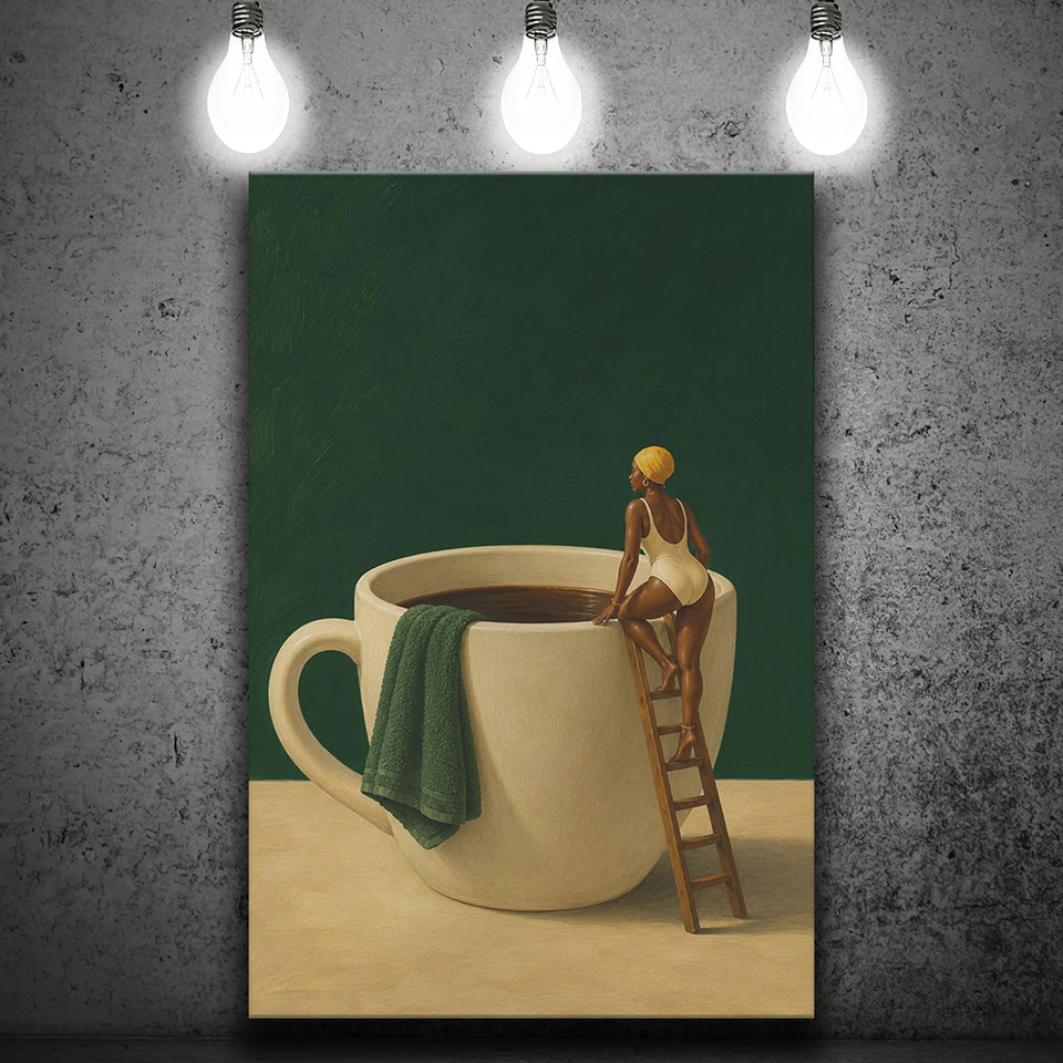 Surreal Coffee Cup Diver Wall Art Print, Bar Room Wall Art Decor, Canvas Print Wall Art, Wall Decor