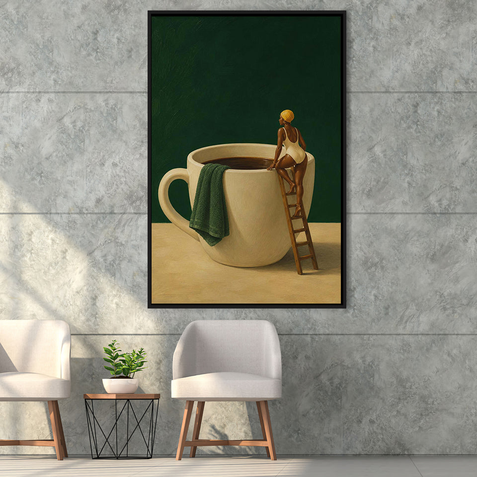 Surreal Coffee Cup Diver Wall Art Print, Bar Room Wall Art Decor, Framed Canvas Print, Floating Frame