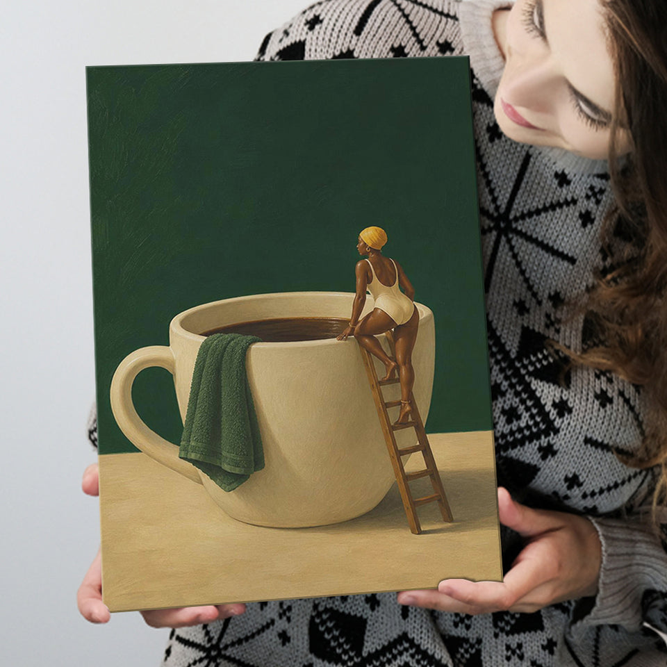 Surreal Coffee Cup Diver Wall Art Print, Bar Room Wall Art Decor, Canvas Print Wall Art, Wall Decor