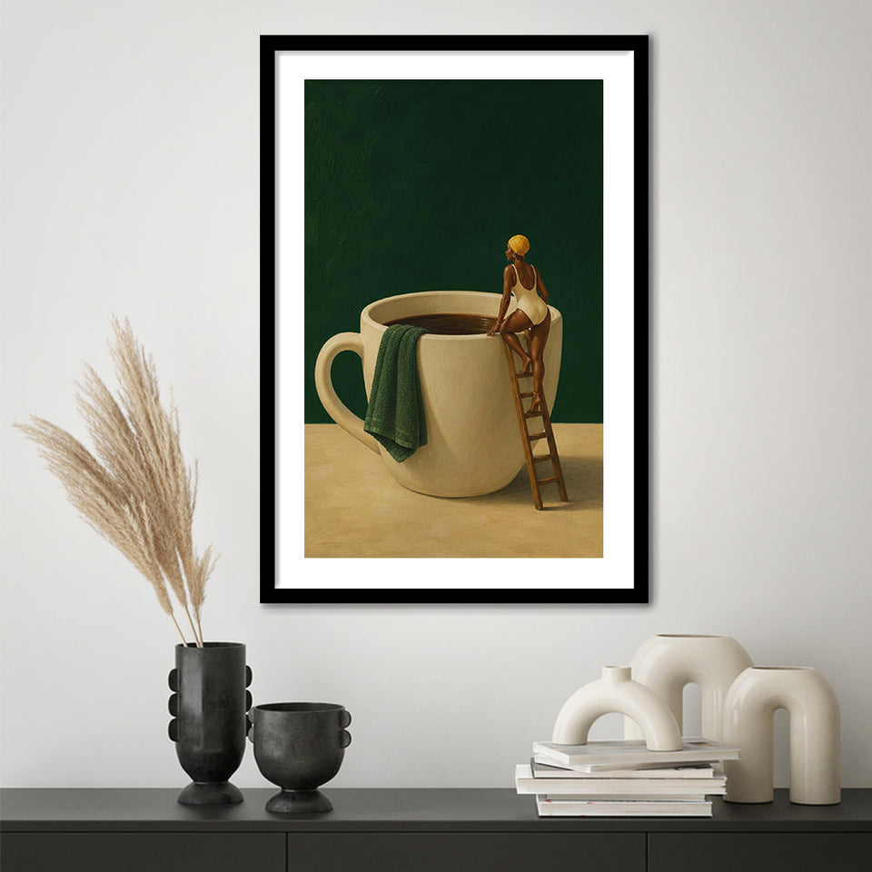Surreal Coffee Cup Diver Wall Art Print, Bar Room Wall Art Decor, Framed Art Print White Border