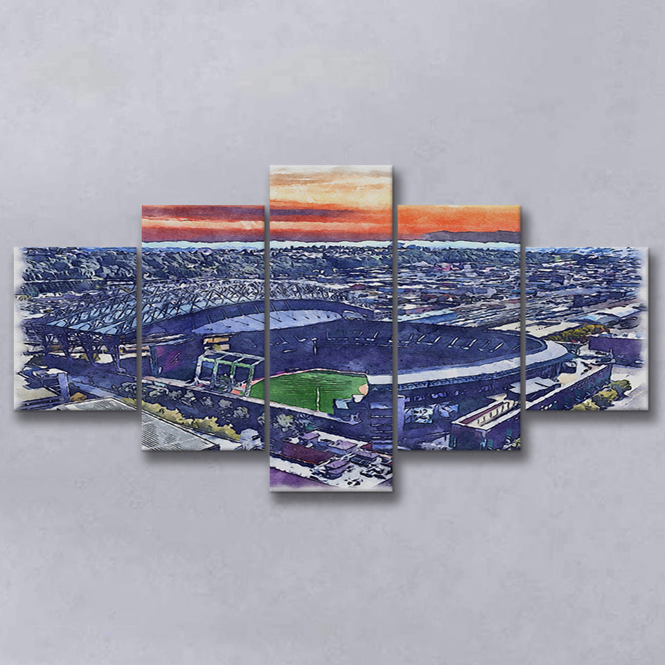 T-Mobile Park WaterColor 5 Panels Mix Canvas Prints, Seattle Washington Baseball Watercolor, Large Stadium Canvas