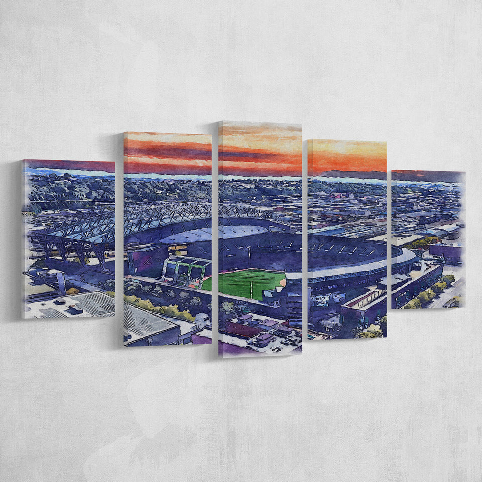 T-Mobile Park WaterColor 5 Panels Mix Canvas Prints, Seattle Washington Baseball Watercolor, Large Stadium Canvas