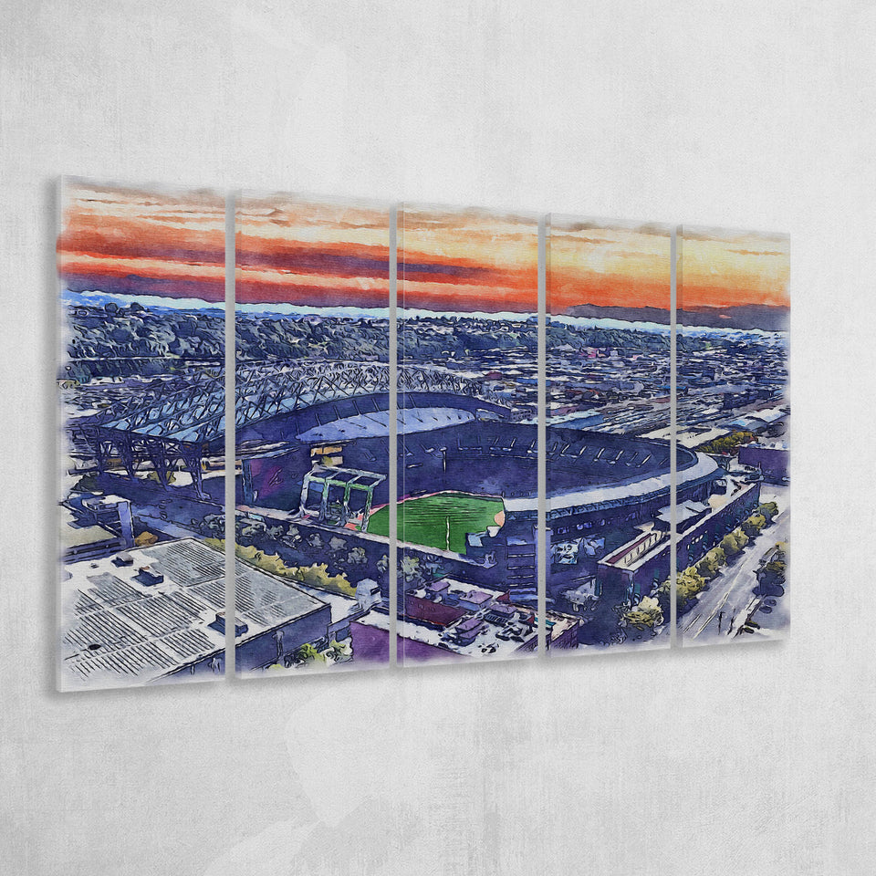 T-Mobile Park WaterColor 5 Panels B Mixed Canvas Prints, Extra Large, Seattle Washington Baseball Watercolor
