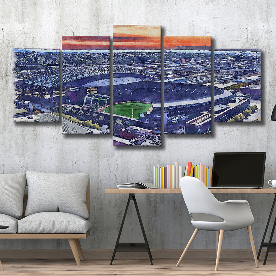 T-Mobile Park WaterColor 5 Panels Mix Canvas Prints, Seattle Washington Baseball Watercolor, Large Stadium Canvas