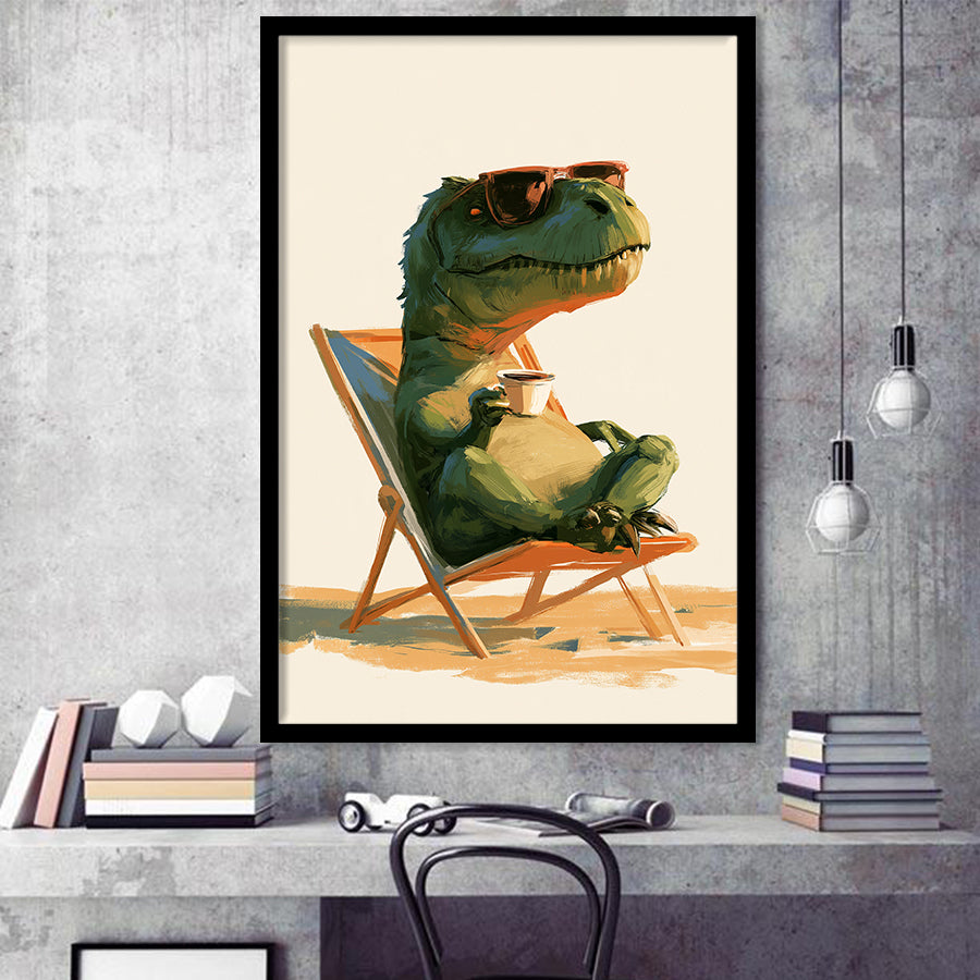 T-Rex Dinosaur Relax Time, Funny Pet Art, Kid Room Decor, Framed Art Print, Fine Art Wall Decor