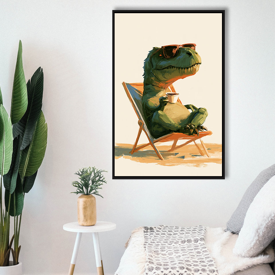 T-Rex Dinosaur Relax Time, Funny Pet Art, Kid Room Decor, Framed Canvas Print, Floating Frame