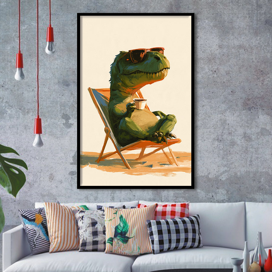 T-Rex Dinosaur Relax Time, Funny Pet Art, Kid Room Decor, Framed Art Print, Fine Art Wall Decor