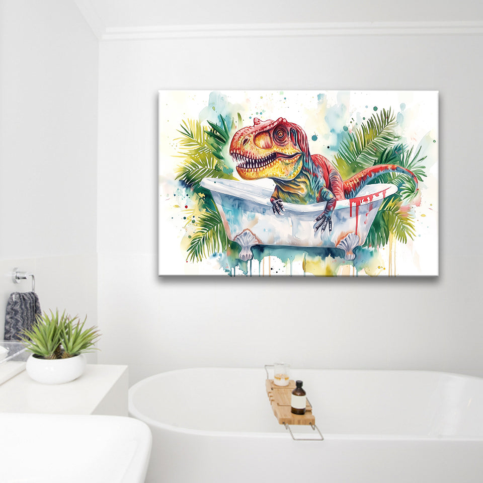T-Rex In Bathtub Bathroom Print Tropical Leave, Bathroom Art Decor Canvas Prints Wall Art, Animal Bathroom Art