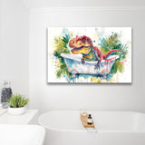 T-Rex In Bathtub Bathroom Print Tropical Leave, Bathroom Art Decor Canvas Prints Wall Art, Animal Bathroom Art