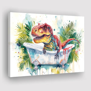 T-Rex In Bathtub Bathroom Print Tropical Leave, Bathroom Art Decor Canvas Prints Wall Art, Animal Bathroom Art