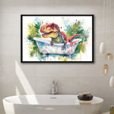 T-Rex In Bathtub Bathroom Print Tropical Leave, Bathroom Art Decor Framed Canvas Prints Wall Art,Floating Frame