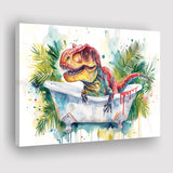 T-Rex In Bathtub Bathroom Print Tropical Leave, Bathroom Art Decor Canvas Prints Wall Art, Animal Bathroom Art