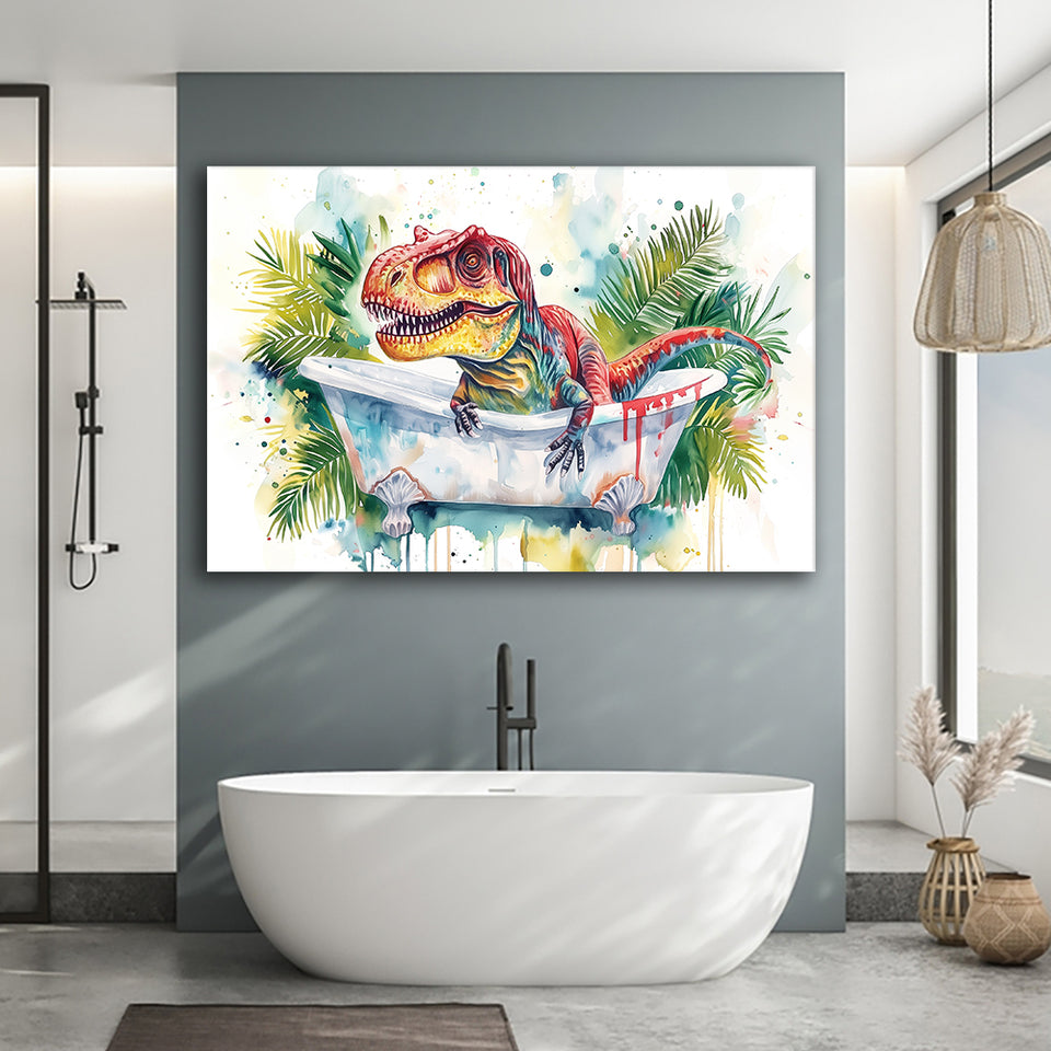 T-Rex In Bathtub Bathroom Print Tropical Leave, Bathroom Art Decor Canvas Prints Wall Art, Animal Bathroom Art