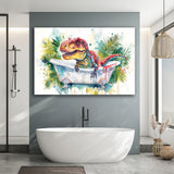 T-Rex In Bathtub Bathroom Print Tropical Leave, Bathroom Art Decor Canvas Prints Wall Art, Animal Bathroom Art