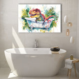 T-Rex In Bathtub Bathroom Print Tropical Leave, Bathroom Art Decor Canvas Prints Wall Art, Animal Bathroom Art